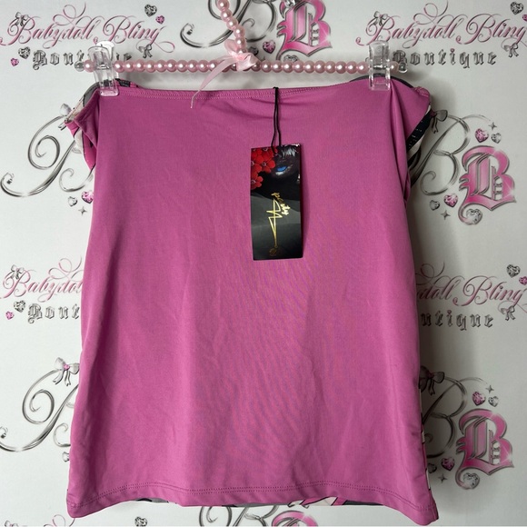 Party 21 strapless shiny Pink and Black Ruched Sleeve Blouse y2k brand new tags - Picture 5 of 6